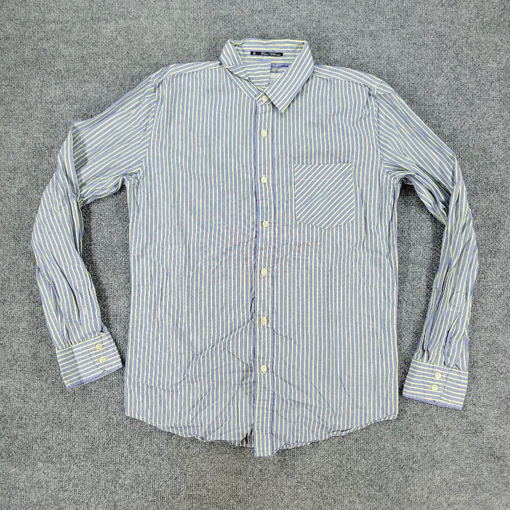 21 Men Button Shirt Men's Small Blue Yellow Striped Classic Pocket Long Sleeve